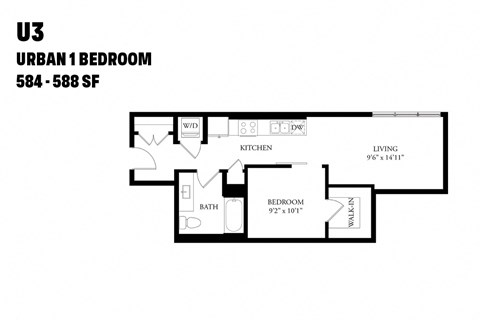 Floor plan for 1 bed, 1 bath, 588 sqft